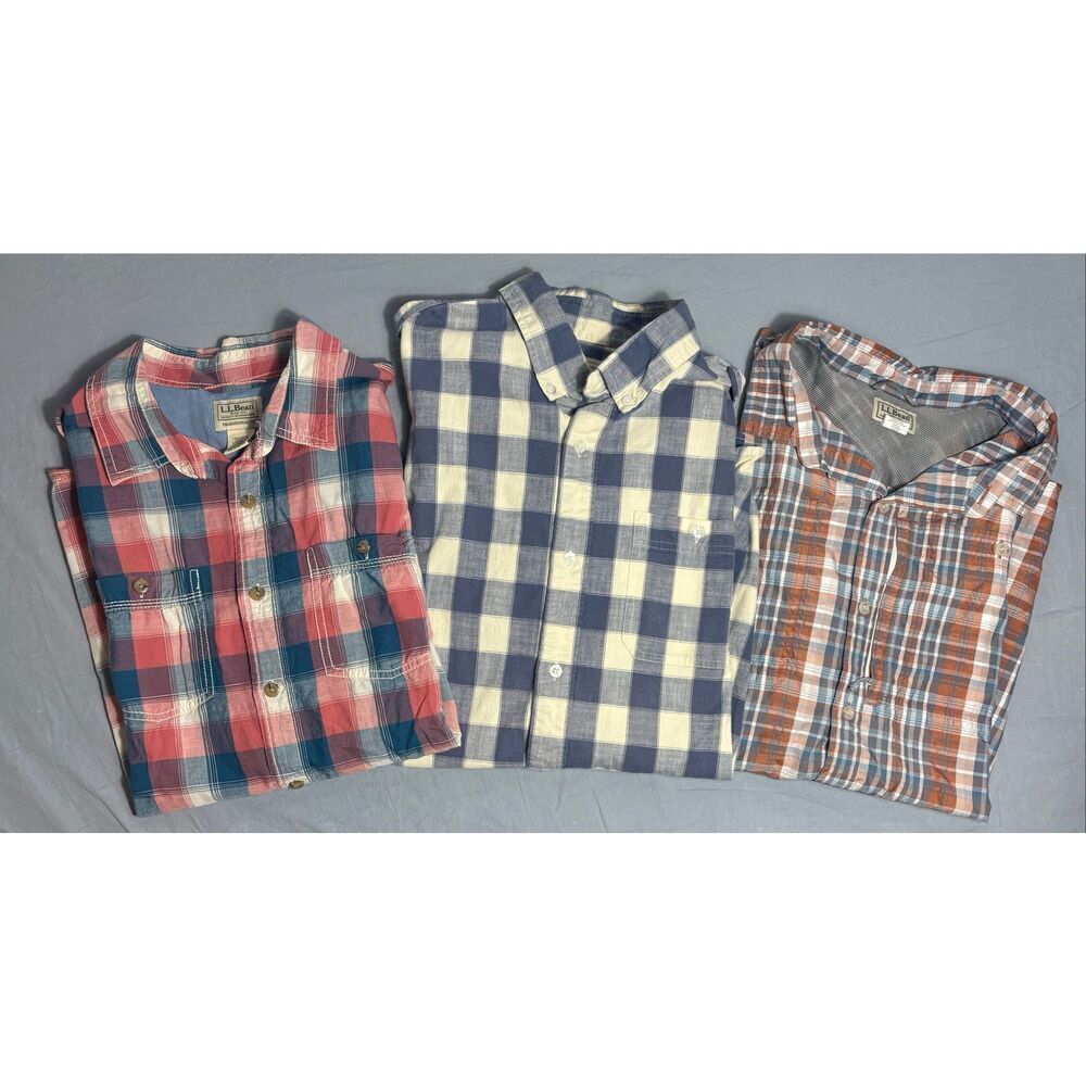 L.L. Bean Button Down Shirt Men's Red Blue White Checkered Size XL Lot of 3